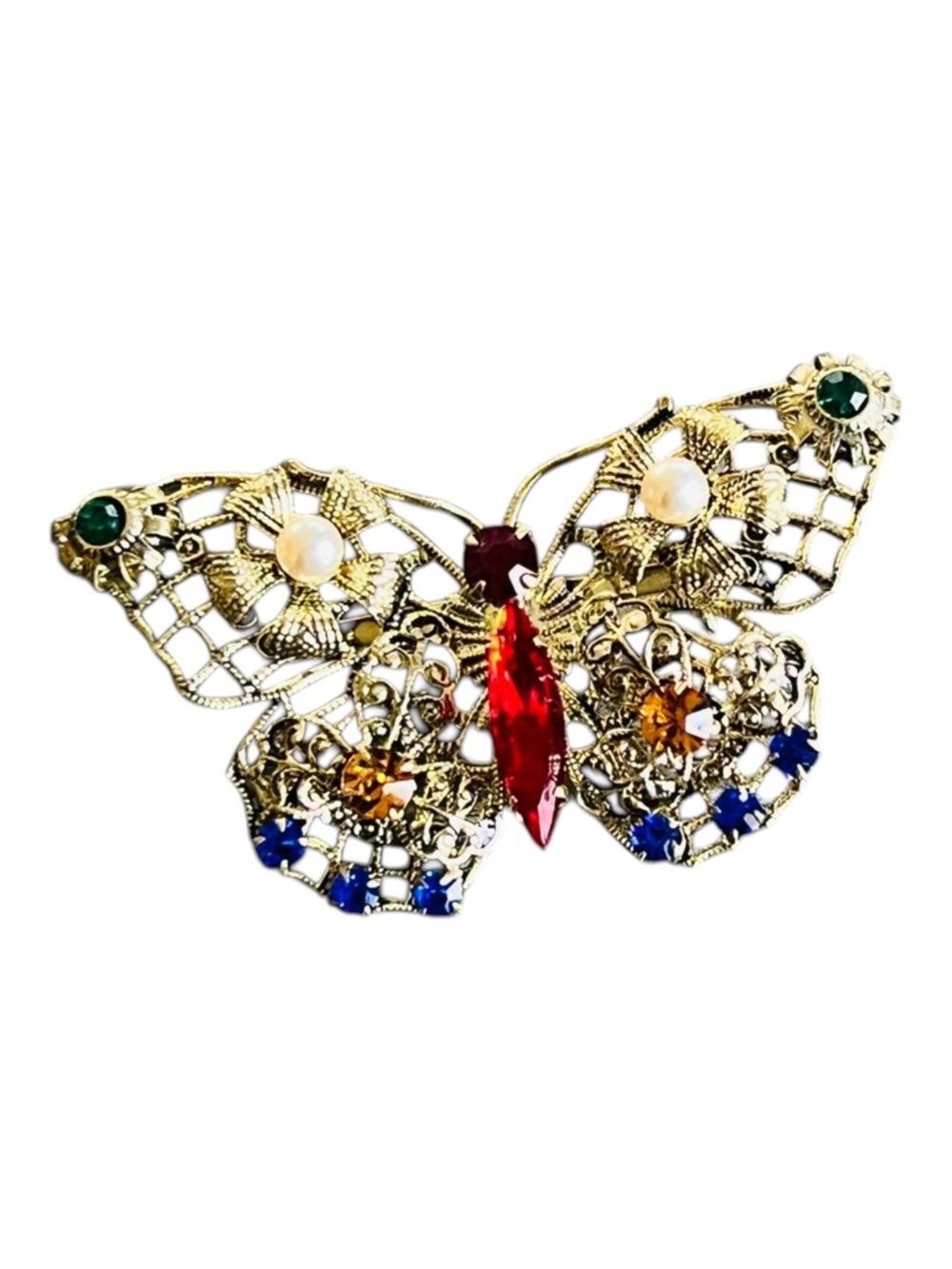 Vintage Czechoslovakia Filigree Butterfly Brooch – Multicolor Bohemian Glass